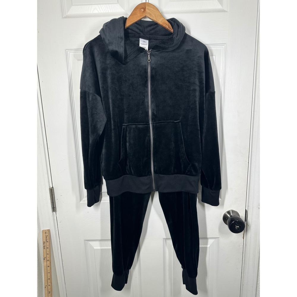 Felina Tracksuit Women Medium Black Velour Hoodie Jogger Set 2 Piece Loungewear